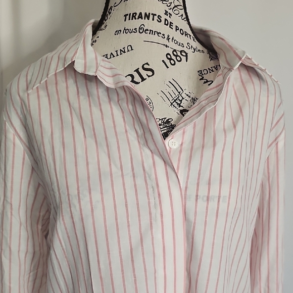 HARSHMAN White and Pink High Low Shirt Dress with Collar - Picture 5 of 9